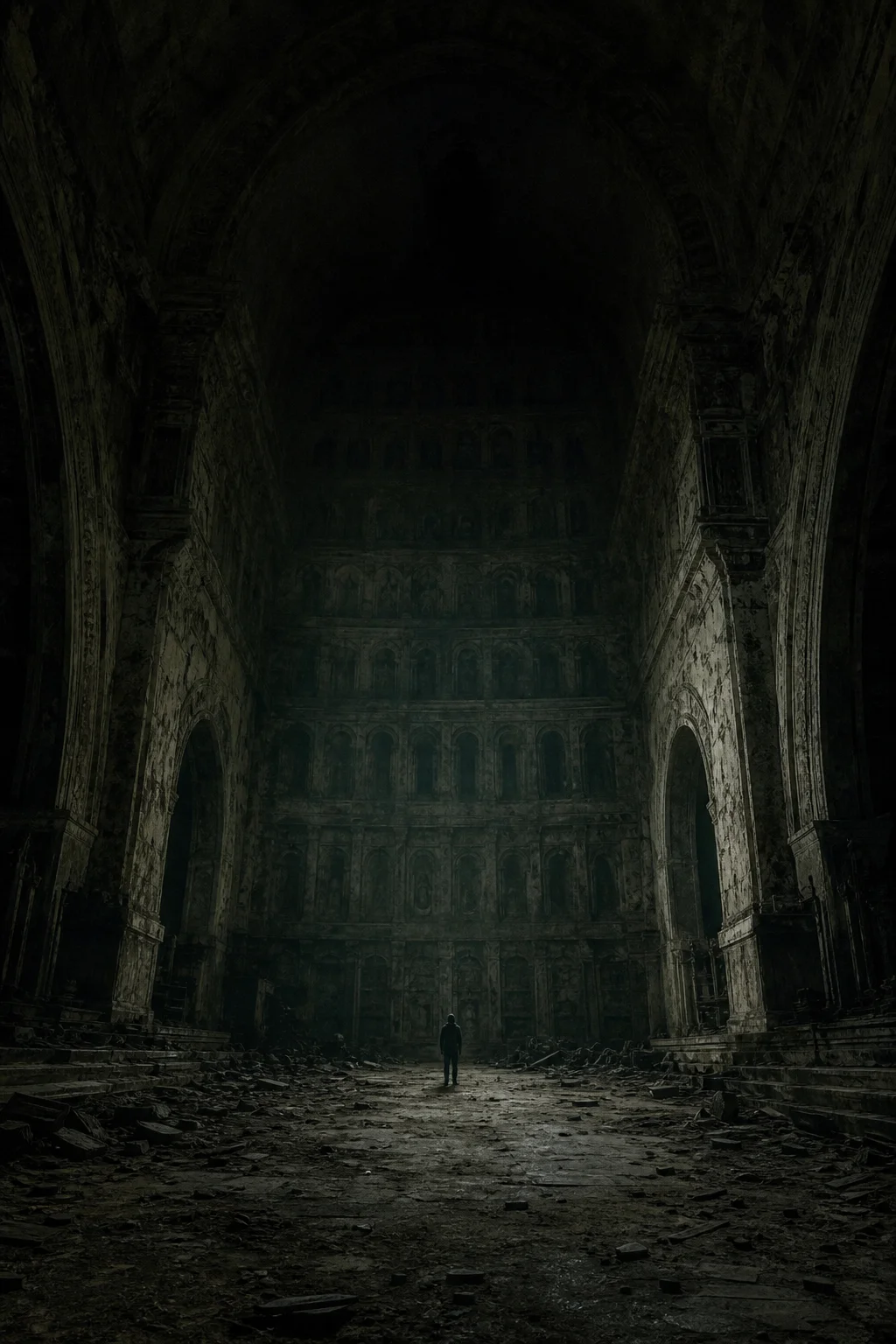 A solitary figure stands motionless in an immense abandoned space, dwarfed by a barely visible shadowy presence as warped architecture and sickly light fade into dust-filled darkness.