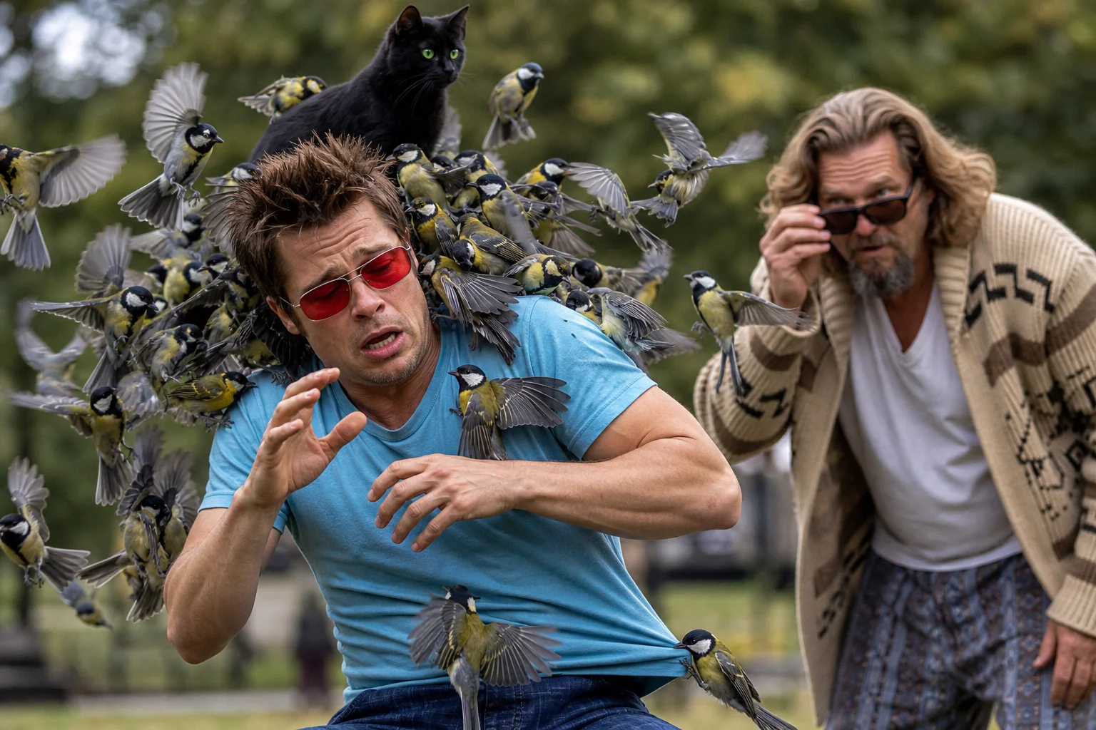 A flock of small birds swarms a startled man in sunglasses and a cyan shirt while a green-eyed black cat perches above them, as another man looks on outdoors.