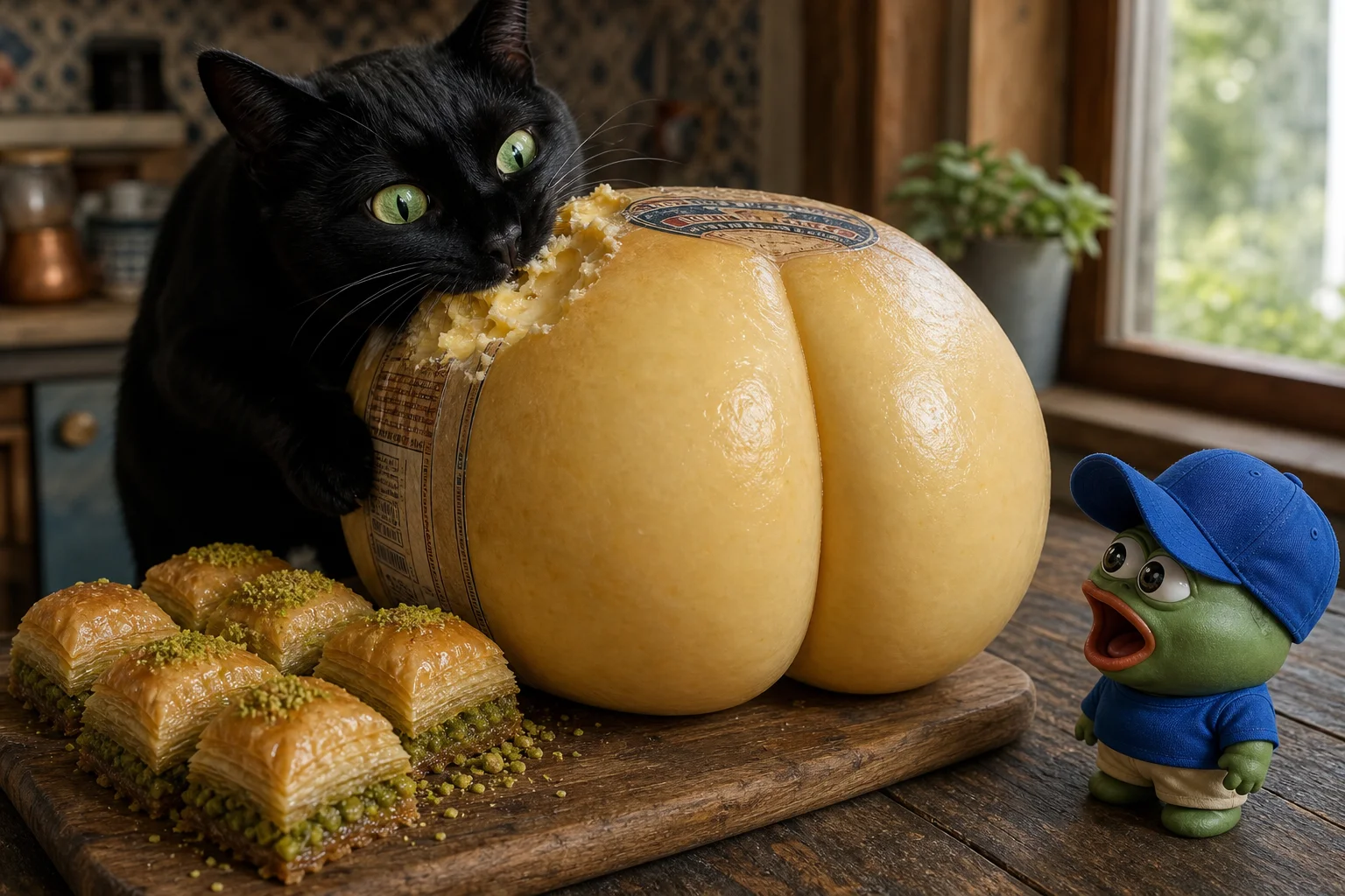 A black cat with vivid green eyes playfully eats a large wheel of cheese while a tiny blue-capped character watches in awe, with golden baklava on a rustic wooden table in warm window light.