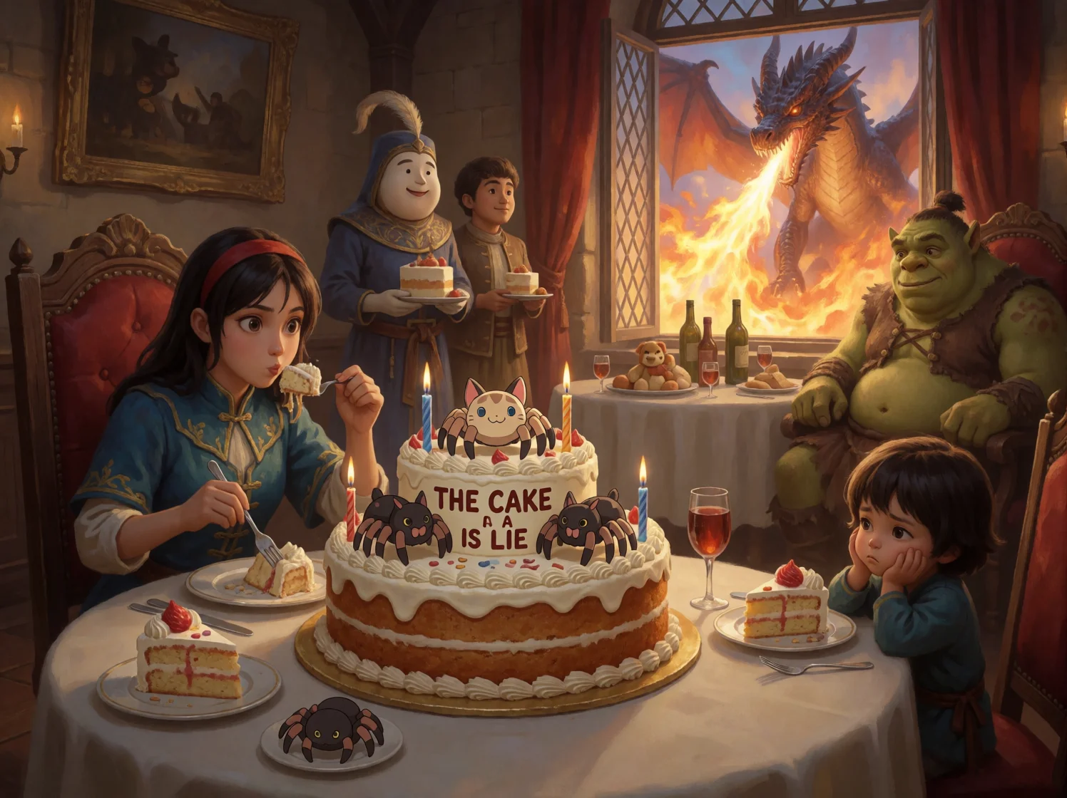 In a cozy fantasy banquet hall, a bloated guest eats an enormous “THE CAKE IS A LIE” birthday cake while a disappointed child watches, with an ogre, surreal guest, and fire-breathing dragon in the background.