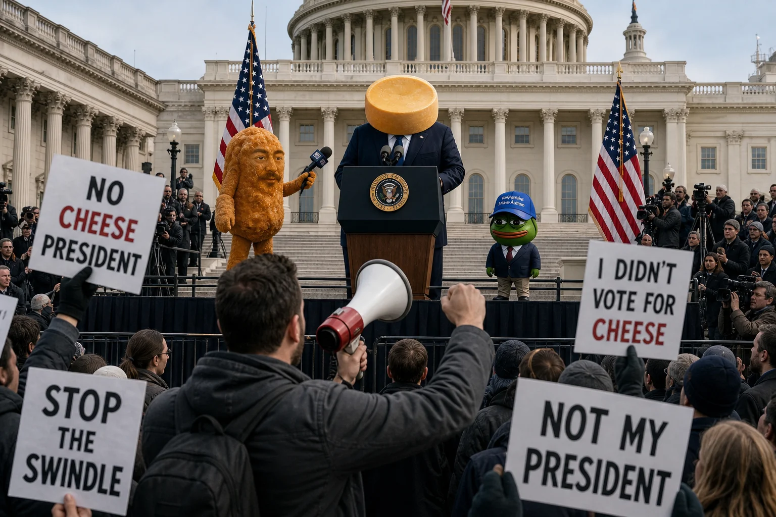 A surreal presidential inauguration unfolds on the Capitol steps, where a suited cheese wheel delivers a speech beside a tiny capped vice president as protesters, press, and a microphone-holding chicken nugget watch in daylight.