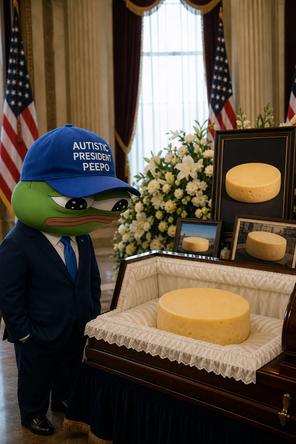 A solemn small figure in an oversized blue baseball cap stands beside an open casket containing a faceless cheese wheel in a grand state funeral hall adorned with flowers and memorial photographs.
