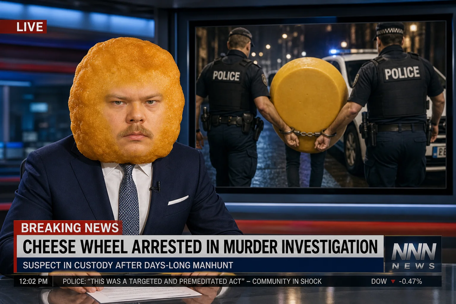 A humanoid chicken nugget in a tailored suit urgently reports breaking news from a polished desk in a modern TV studio, with a display showing a faceless cheese wheel being escorted into police custody.