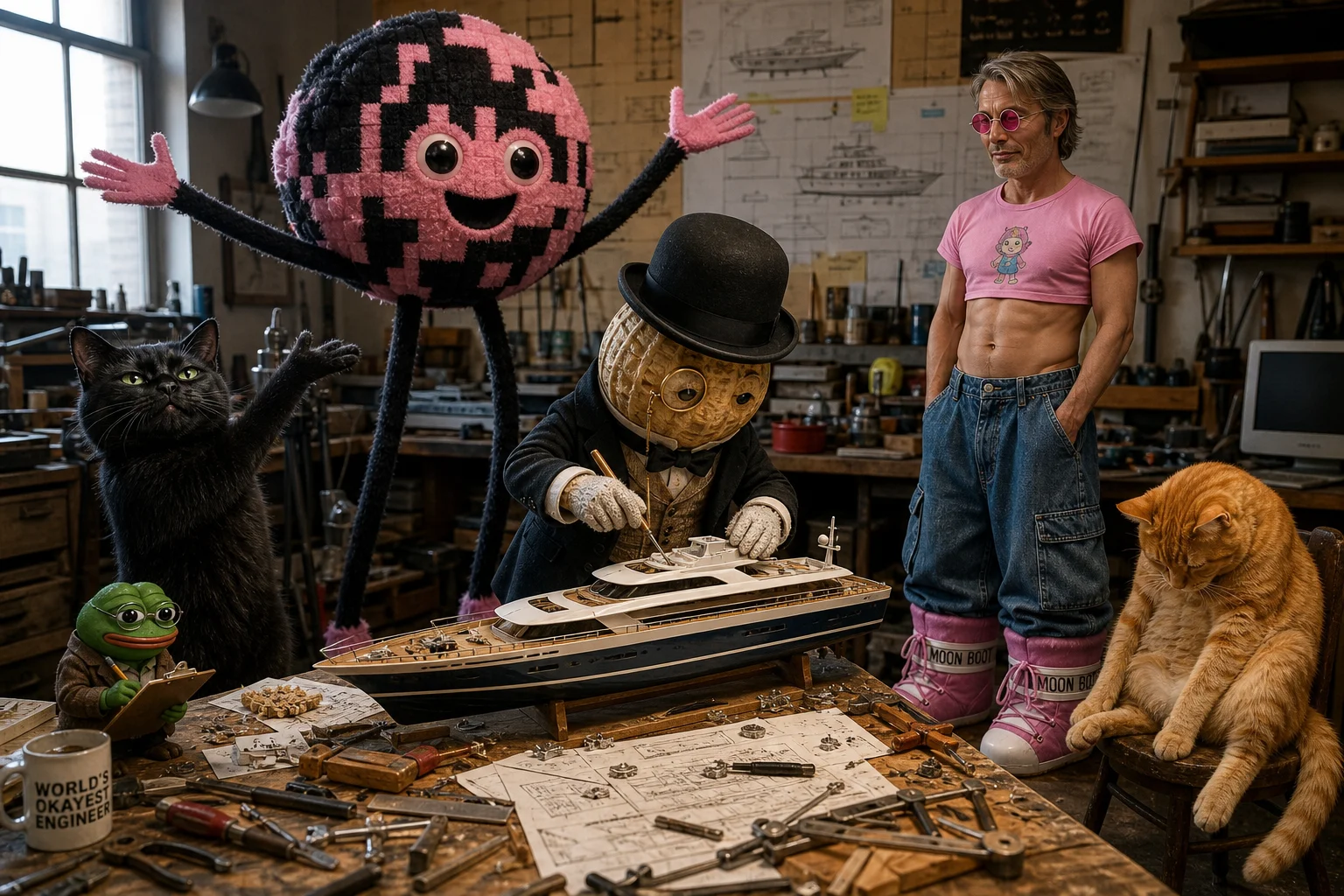 In a busy workshop, a smiling British-gentleman peanut works intensely at a cluttered bench assembling a project while a lanky error creature, cats, and other onlookers pose as if taking credit.