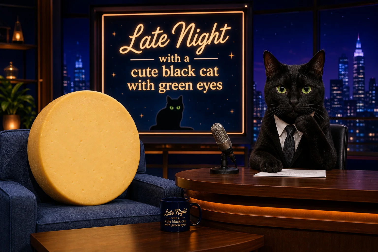 A cute black cat with vivid green eyes sits behind a late-night talk-show desk beside a large blank-faced cheese wheel guest, set against a midnight-blue and amber studio with a city skyline backdrop.