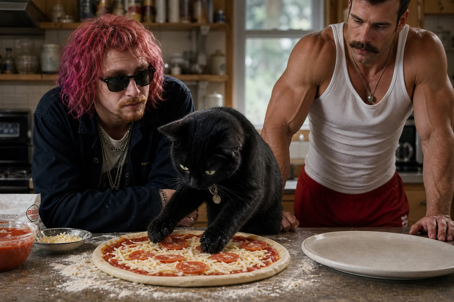 In a warmly lit kitchen, a green-eyed black cat prepares a pizza on a flour-dusted counter while a pink-haired musician and a muscular man in red shorts and a white tank top watch.