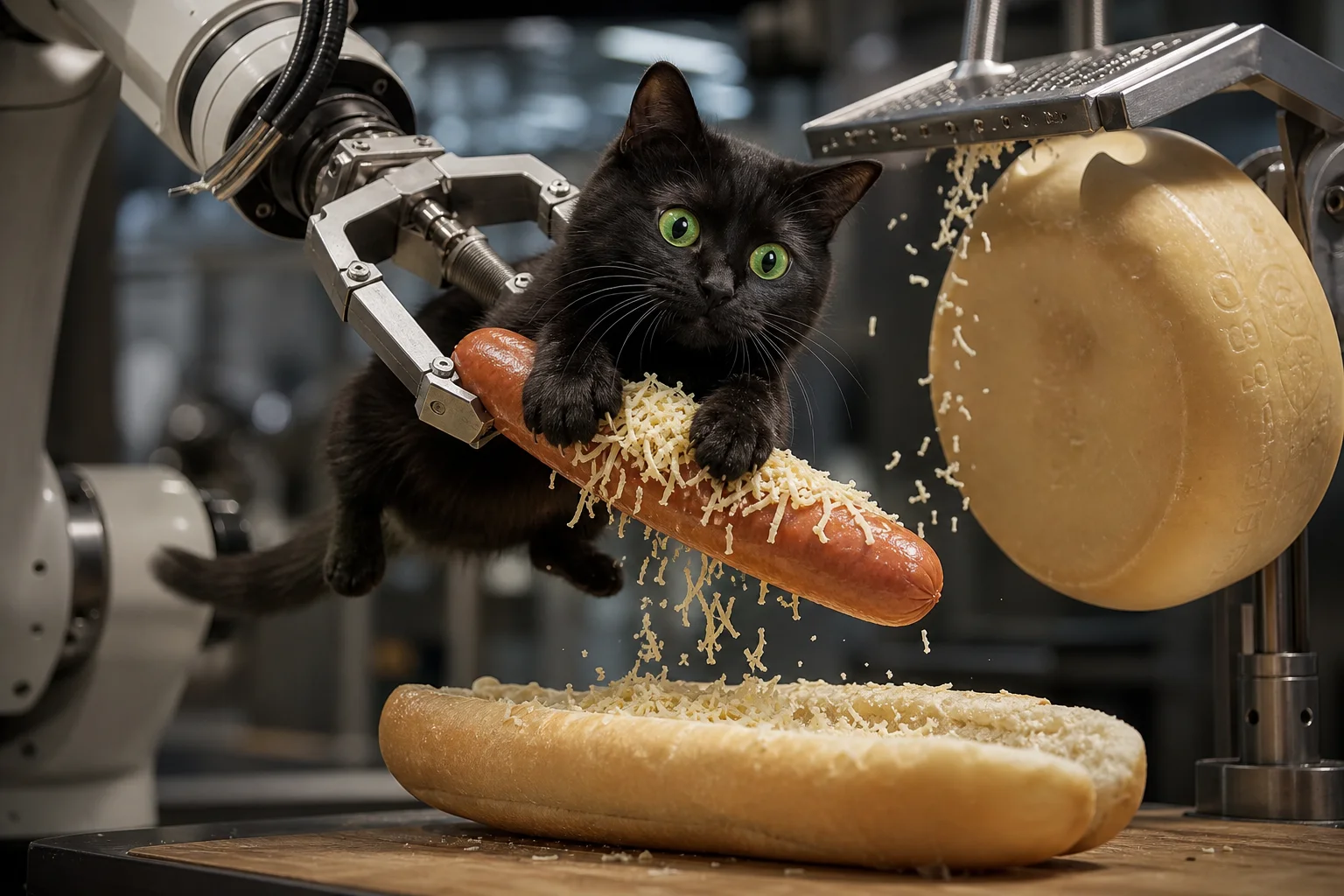 A mechanical robot arm attempts to place a cheese-topped hotdog into an open bun while a startled black cat clings to it in a playful, surreal culinary scene.