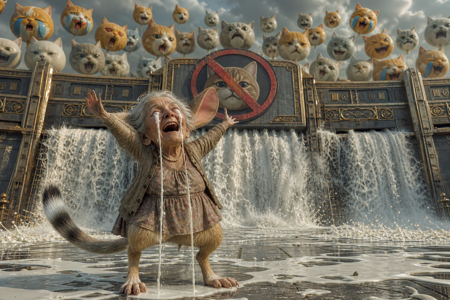 A jubilant jerboa-like elderly woman stands triumphantly amid milk tears and splashes, with a ceremonial barrier blocking floating cat icons behind her in a surreal cinematic scene.
