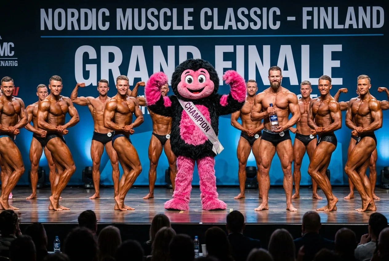 A group of heavily muscled men pose on a brightly lit bodybuilding competition stage, including a tall man holding a bottle and a surreal black-and-pink fluffy champion with an oversized head.