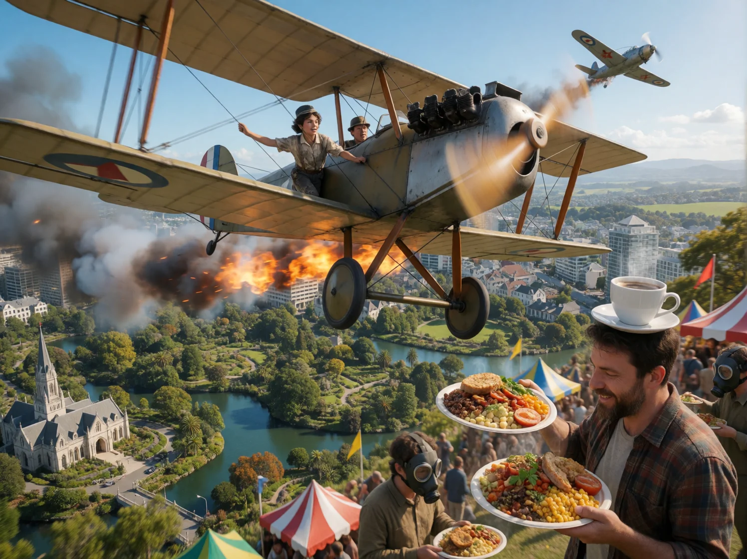 A young pilot races a smoking, flame-engulfed biplane over Christchurch’s lush gardens and waterways while a zombie flight attendant leans from the cabin and a bustling food festival unfolds below.