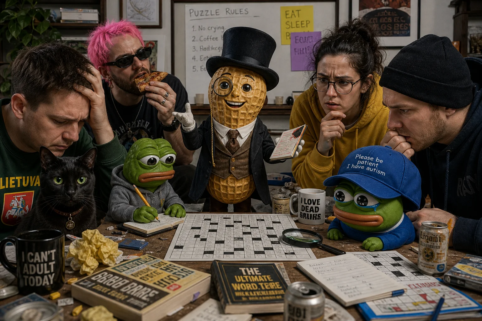 A confused group gathers around a cluttered table solving a word puzzle, led by a confident gentleman peanut, while a black cat, tiny frog, capped figure, and pink-haired diner react comically in a realistic indoor setting.