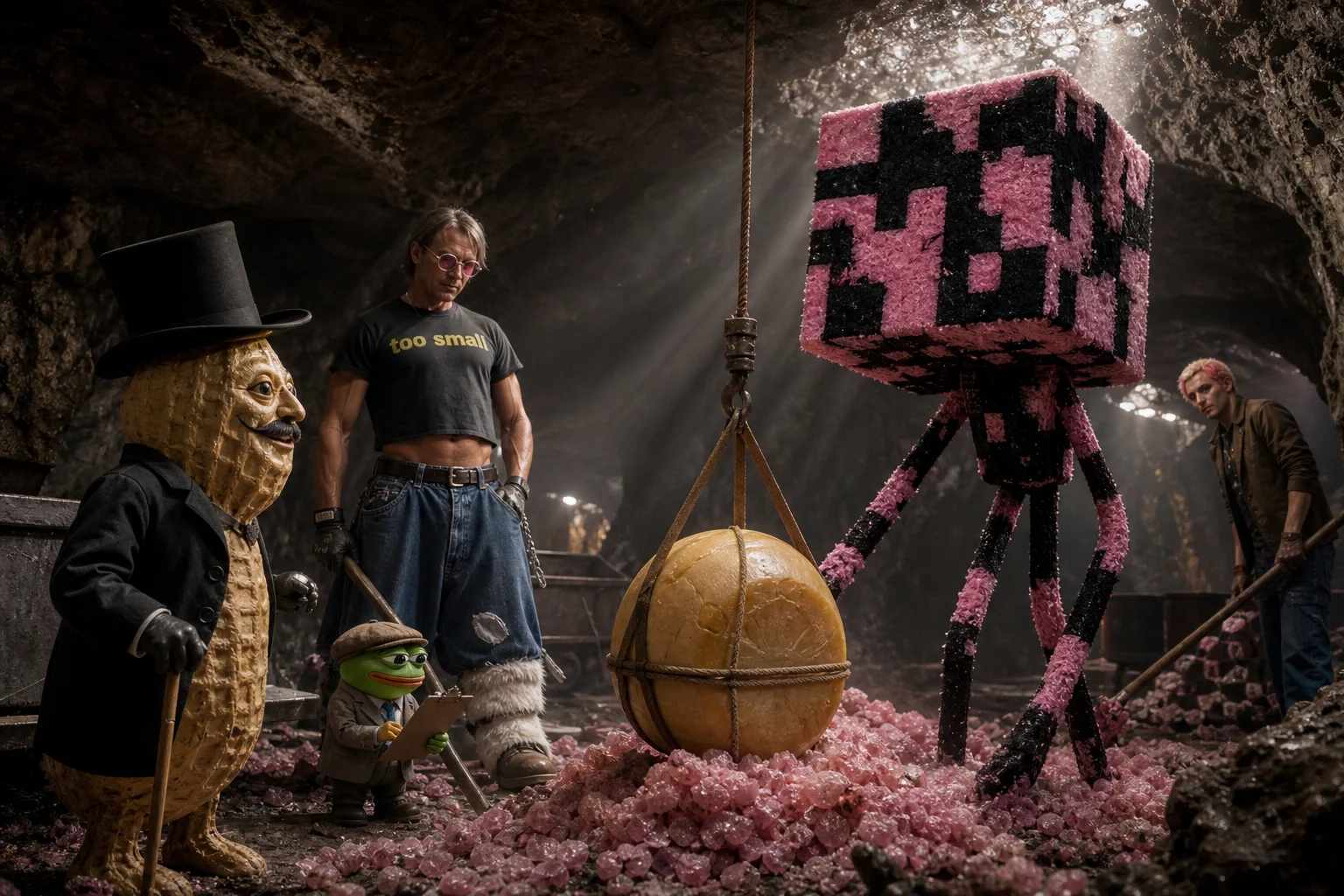 A large cheese wheel works among salt deposits and mining tools in a vast underground salt mine, illuminated by warm shafts of light through dusty air, alongside a whimsical peanut boss and other workers.