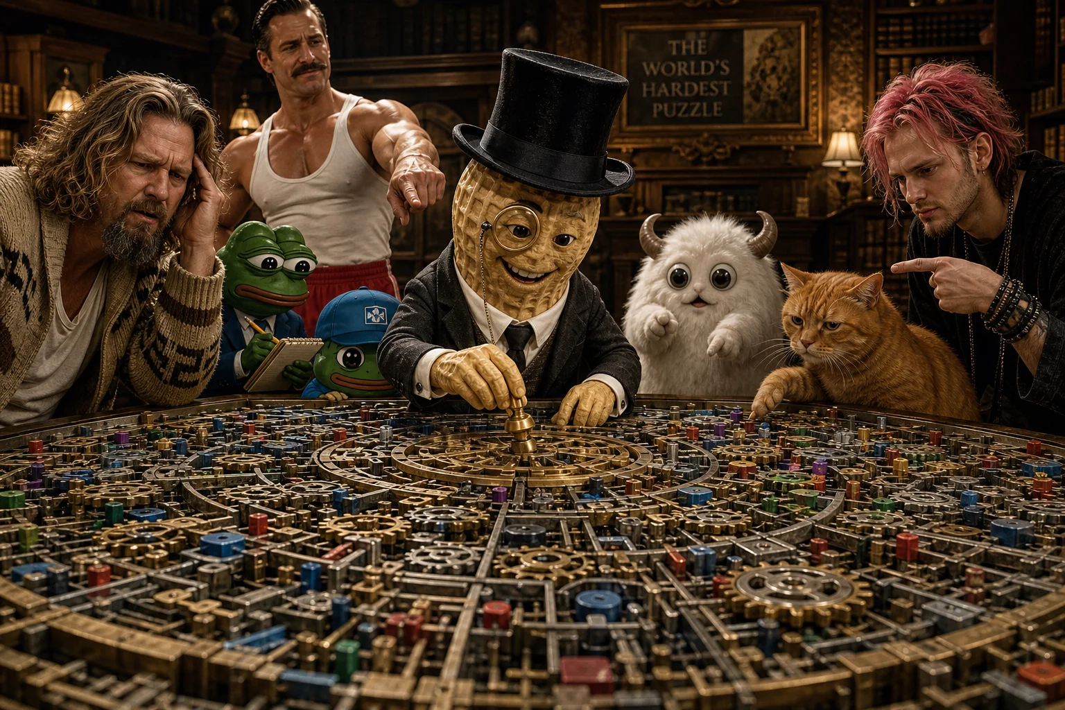 A smiling peanut in a British gentleman’s outfit concentrates on placing the final piece in an enormous intricate mechanical puzzle on a table, while a chaotic crowd of spectators gathers around in a realistic outdoor landscape.