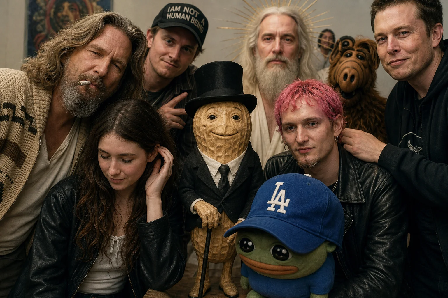 A smiling peanut in a traditional British gentleman’s outfit stands at the center of a candid, chaotic group portrait, surrounded by eccentric characters in expressive poses under natural lighting.