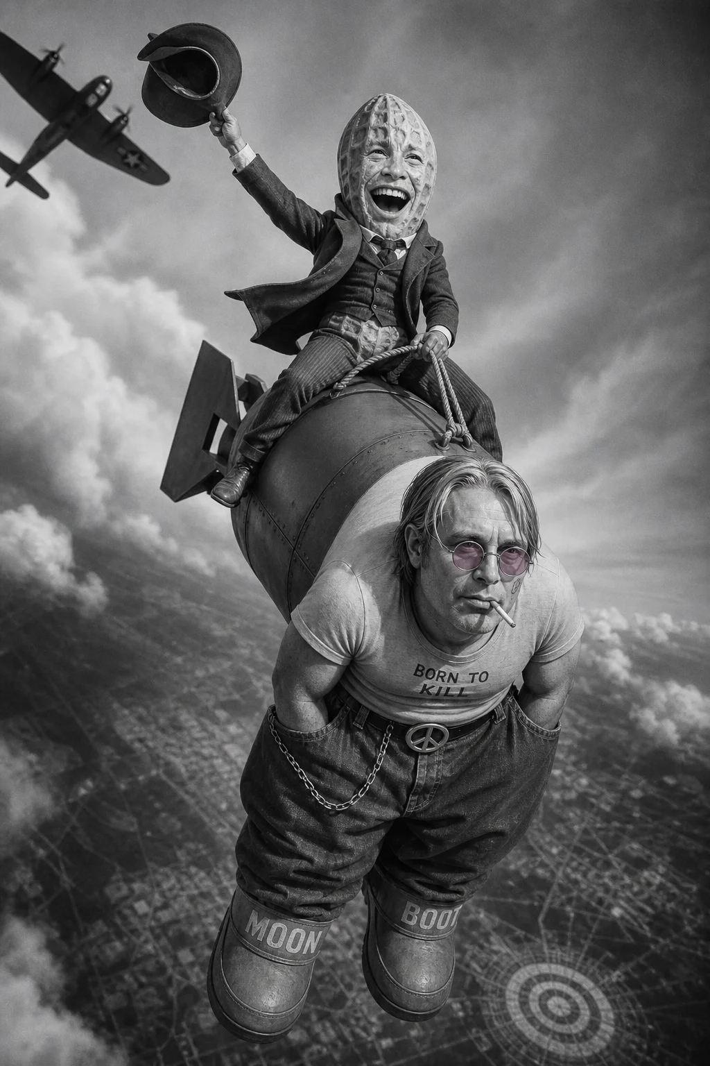 A smiling anthropomorphic peanut dressed as a British gentleman rides a falling nuclear bomb while waving a hat, plummeting through turbulent clouds toward a distant target in stark black-and-white cinematic photography.