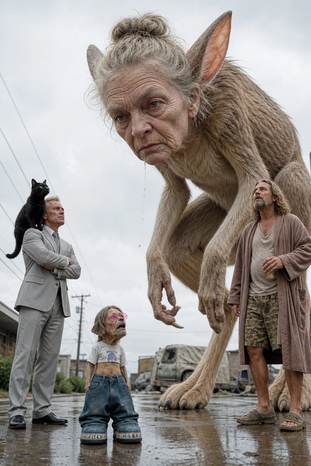 A gigantic jerboa-like elderly woman towers over a crying tiny dog-like figure, while a suited man with a cat and a disheveled bystander look upward in a dramatic outdoor scene.