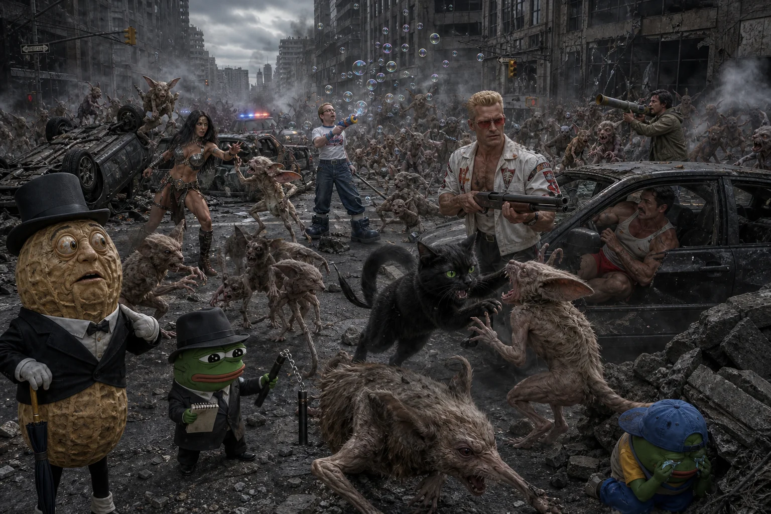 A ruined city street teems with uncanny elderly jerboa-like creatures as frightened survivors and eccentric fighters take cover among abandoned cars, smoke, rubble, shattered windows, and flashing emergency lights.