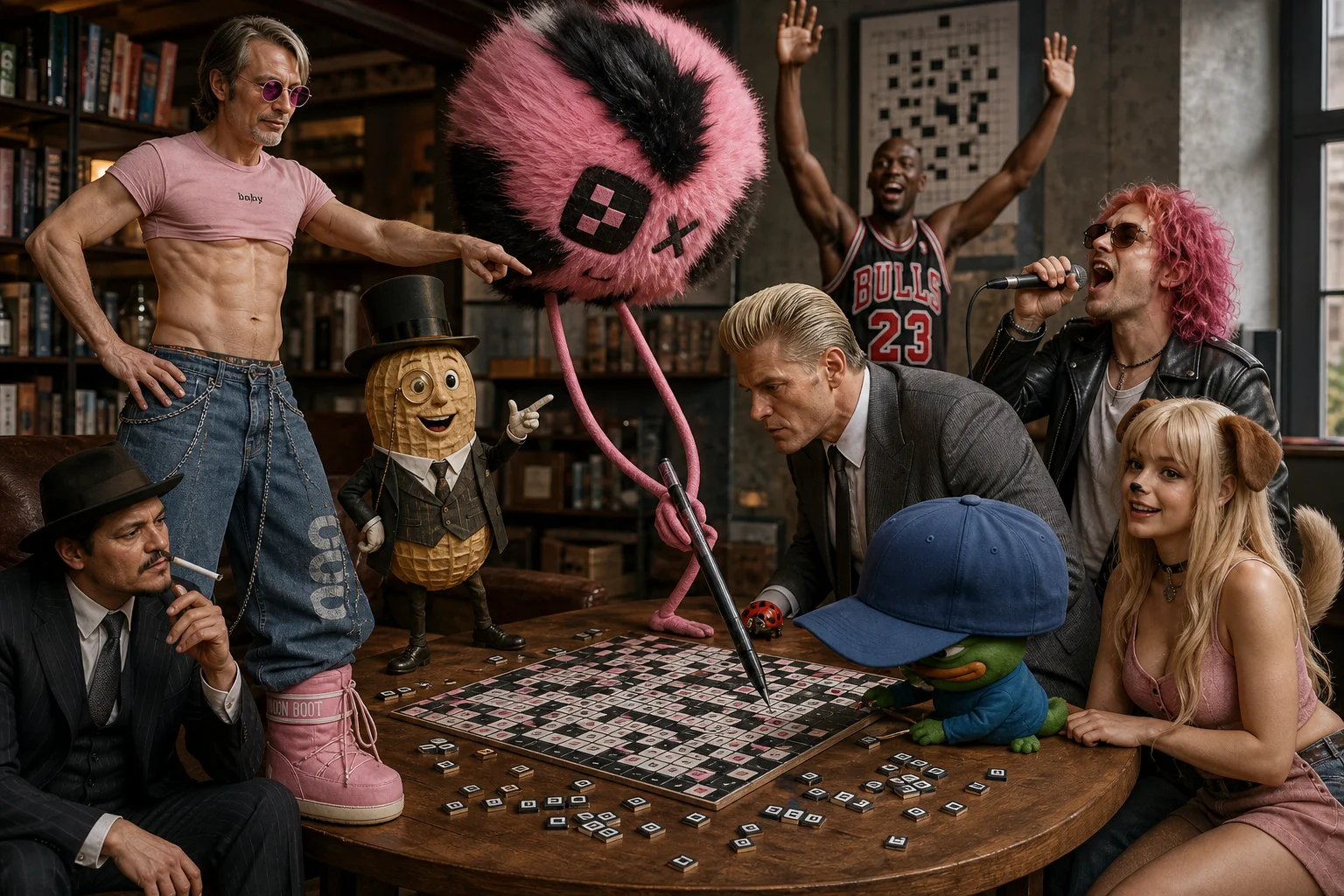 A lively group gathers around a large table, using oversized props and scattered pieces to solve a crossword-style puzzle in a playful, surreal indoor setting.
