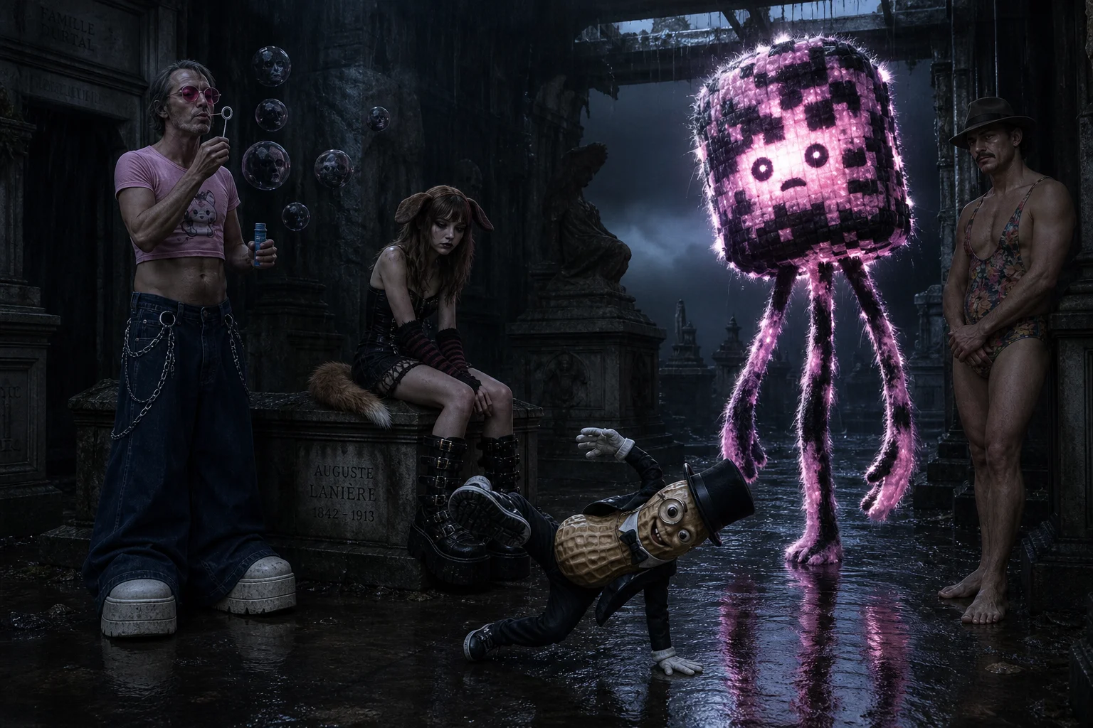 A glowing black-and-pink, long-limbed creature illuminates a rain-soaked abandoned mausoleum, where a mournful puppygirl, solemn man, bubble-blowing figure, and breakdancing peanut gather among the graves.
