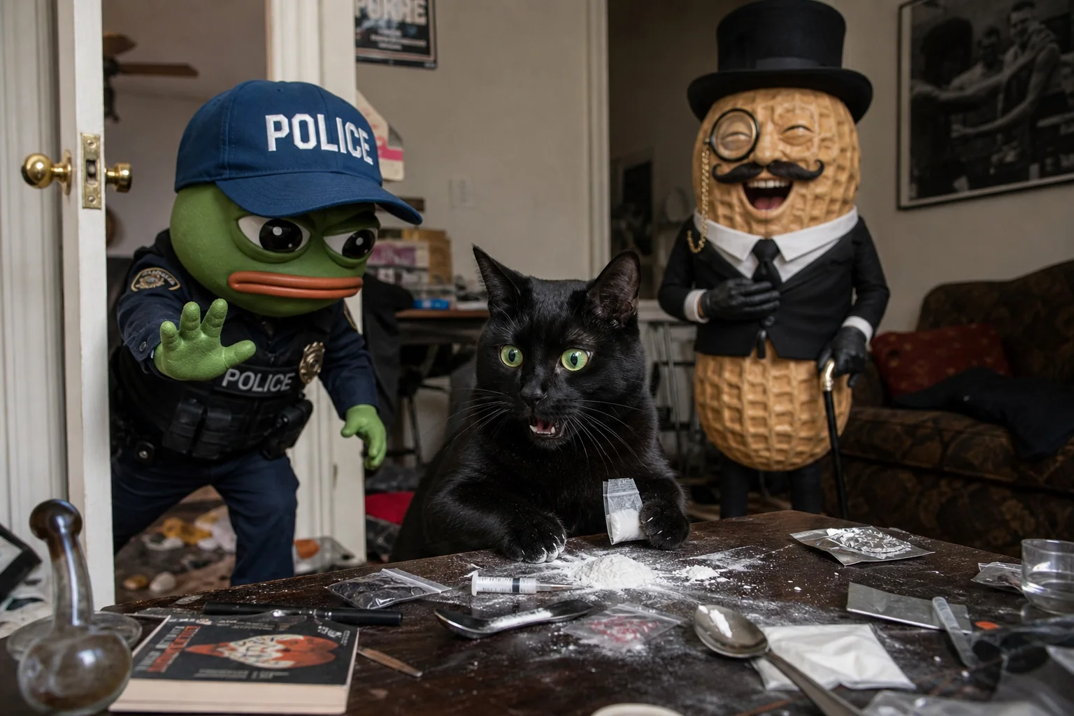 A black cat sits alarmed at a cluttered apartment table during a police drug bust as a blue-capped officer reaches in, while a smiling peanut dressed as a British gentleman watches in the background.