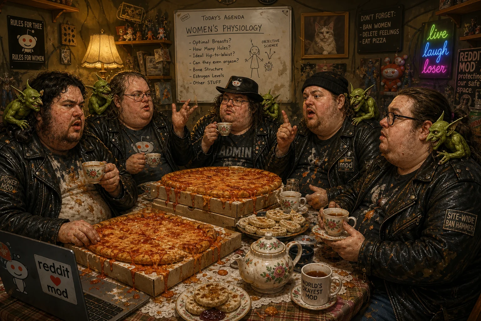 A satirical illustration shows a cluttered apartment dining room where exhausted, messy diners debate over tea and crumpets as oversized pizzas spill grease across the table, while tiny green goblins perch on their shoulders.