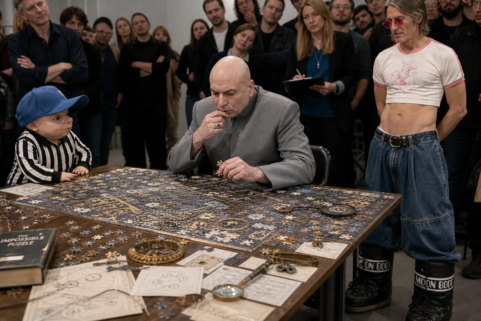 A focused man intensely solves a complex puzzle at a large table, surrounded by pieces and diagrams, while a tiny cap-wearing officiator, a supportive woman, and an attentive audience watch in a dramatically lit indoor setting.
