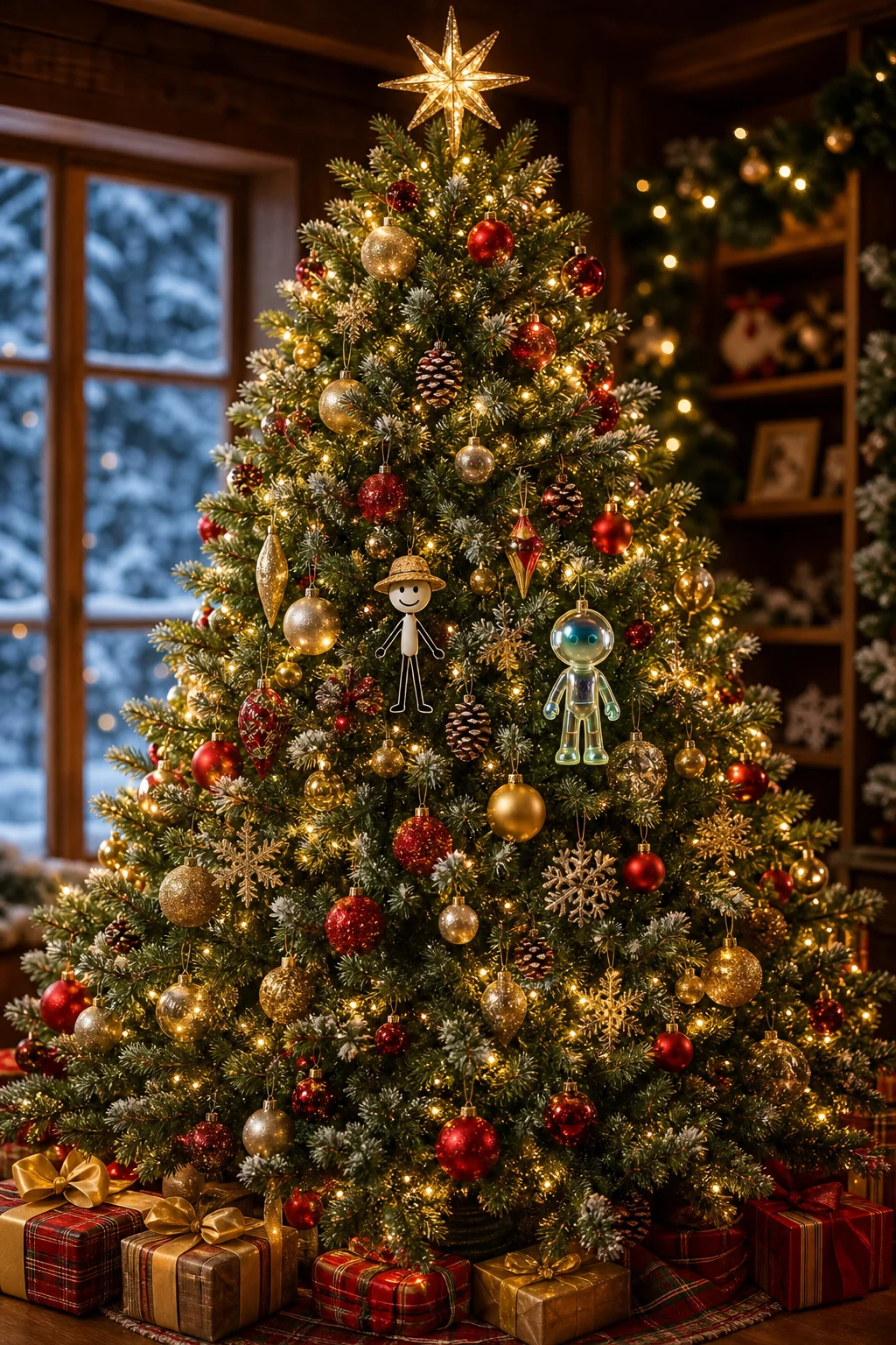 A fully decorated Christmas tree features traditional baubles, golden lights, pine branches, and snow-dusted ornaments, including a tiny sunhat-wearing stick figure and a glossy futuristic avatar, in a cozy warmly lit indoor setting.