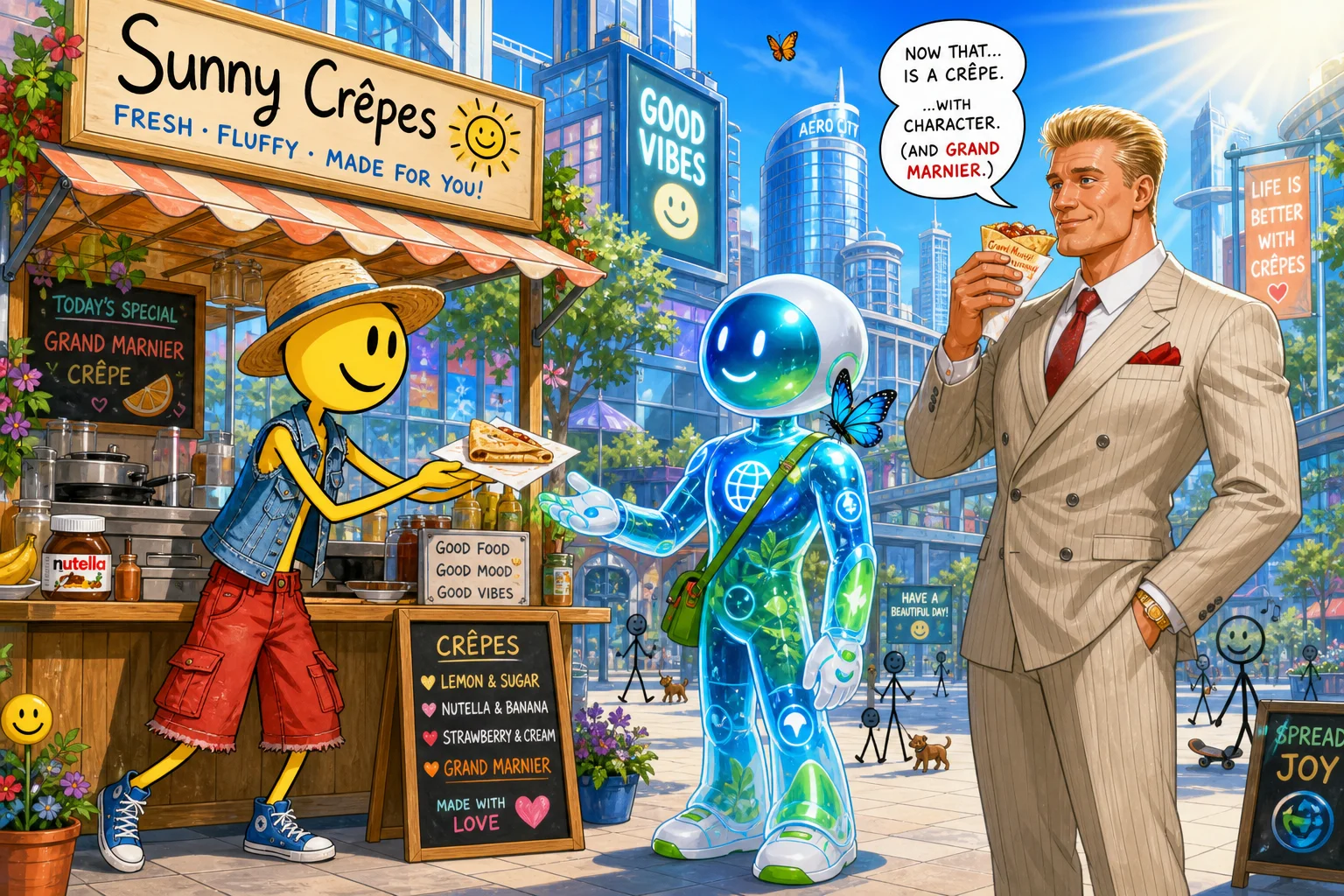 A cheerful yellow stick-figure vendor serves crepes at a sunny city stand while a futuristic blue-green customer and a stylish muscular man enjoy the lively scene nearby.