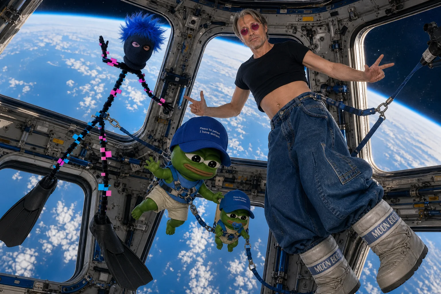 A quirky three-person family poses affectionately while tethered inside a space-station observation module, with detailed spacecraft structure and Earth’s glowing blue curve visible through the windows.