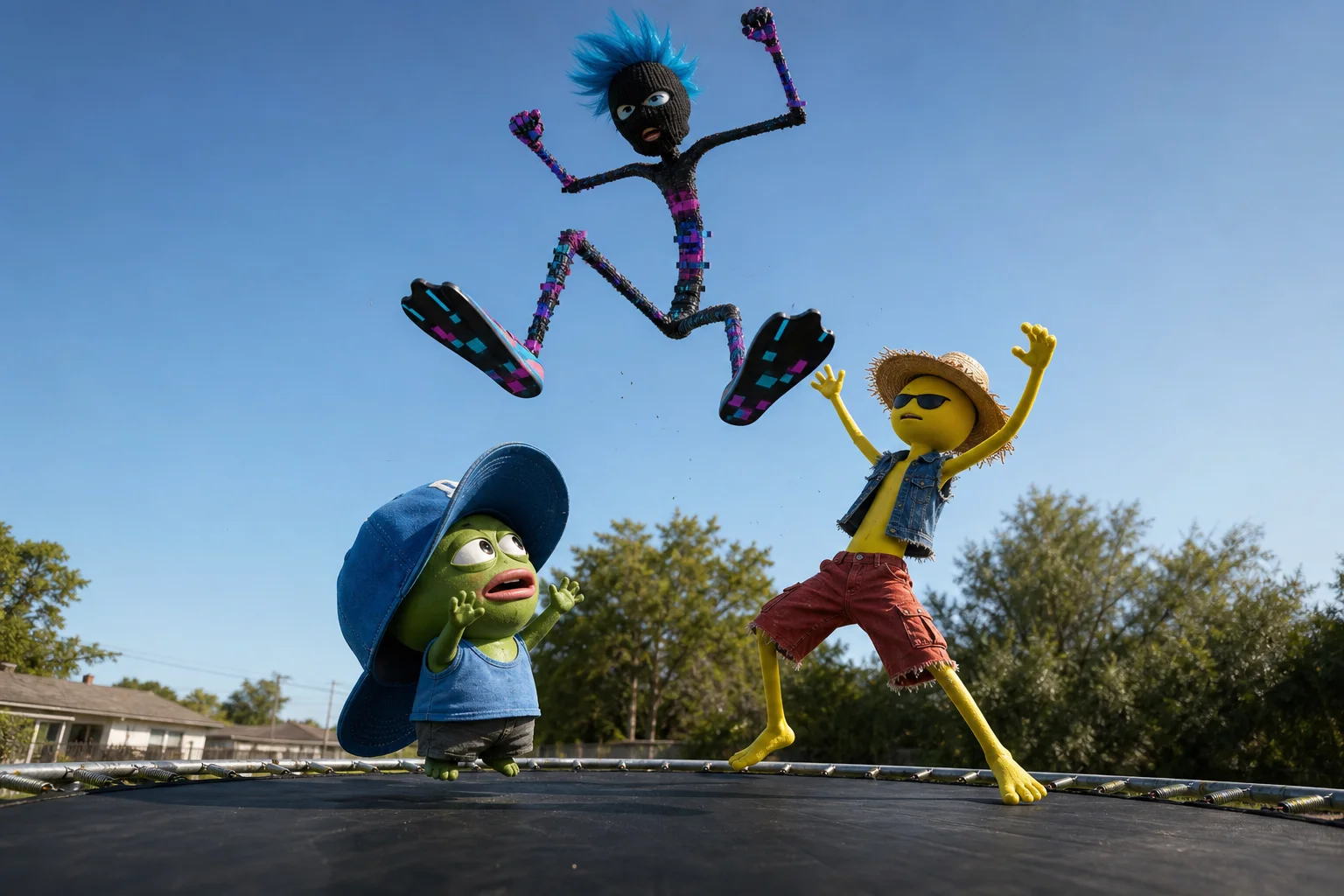 A masked, blue-haired glitchy stick figure with giant flippers is launched from a trampoline by a tiny capped character and a yellow stickman outdoors in dramatic motion.