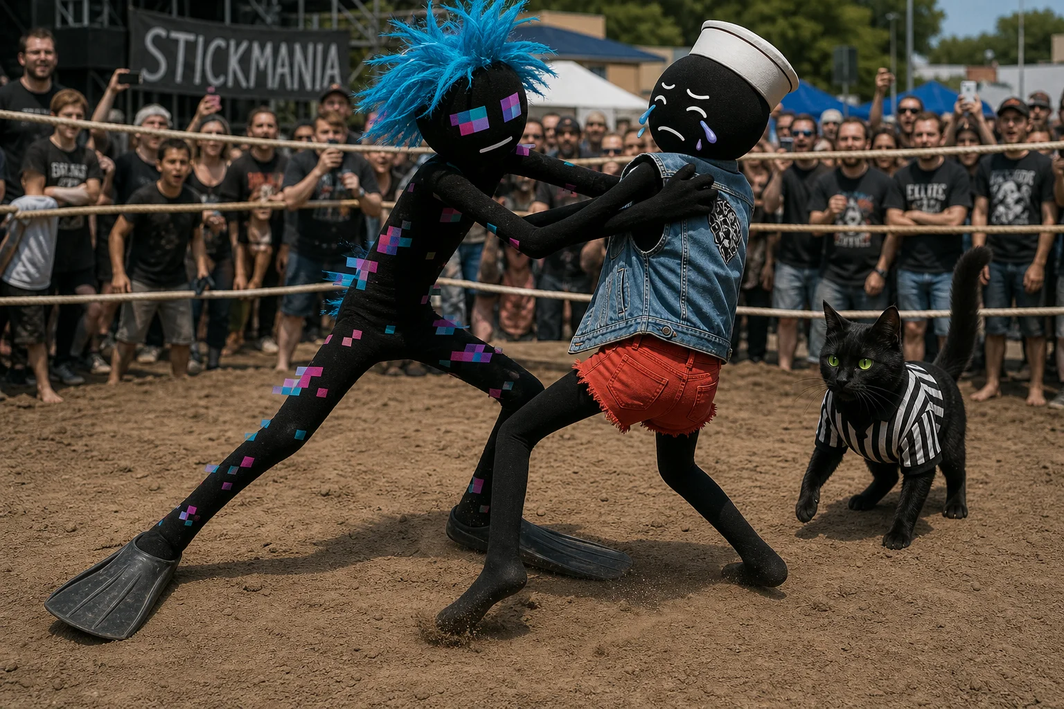 A masked, blue-haired glitch figure with oversized flippers grapples with a crying stickman outdoors while a green-eyed black cat watches as referee in daylight.