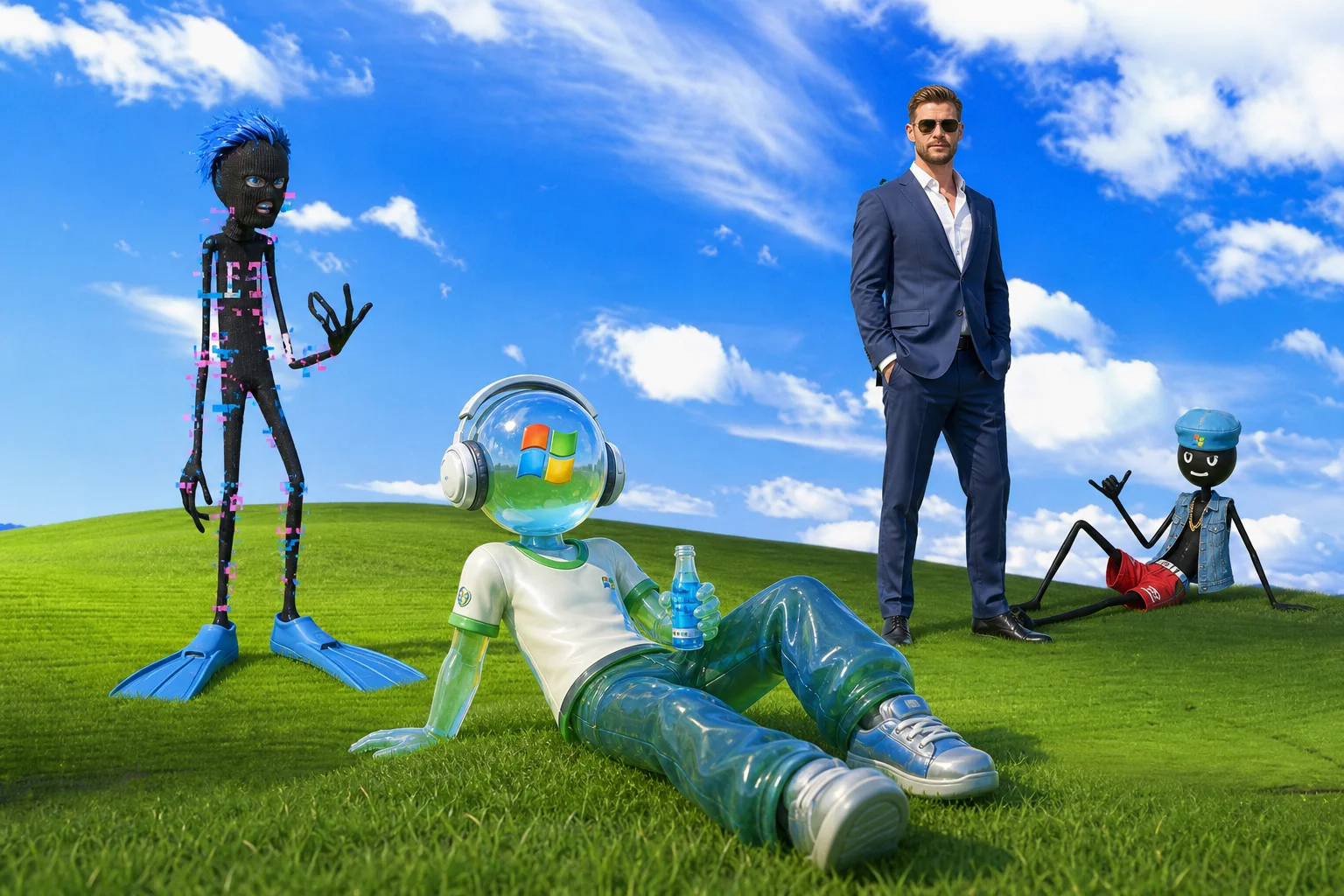 Four whimsical figures relax and stand amid lush rolling green hills beneath a vivid blue sky, blending nostalgic digital aesthetics with surreal photographic realism.