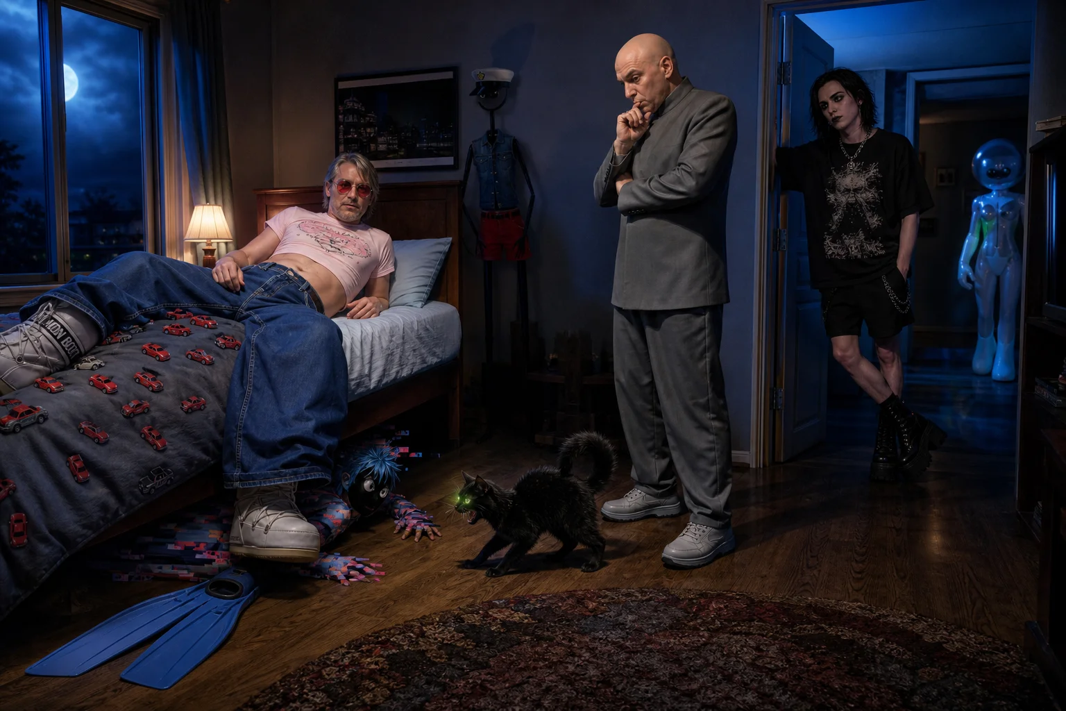 A dramatically lit bedroom at night shows a man preparing for sleep while surreal masked and costumed figures hide beneath and beside the bed, with a menacing black cat and a guarded doorway adding playful suspense.
