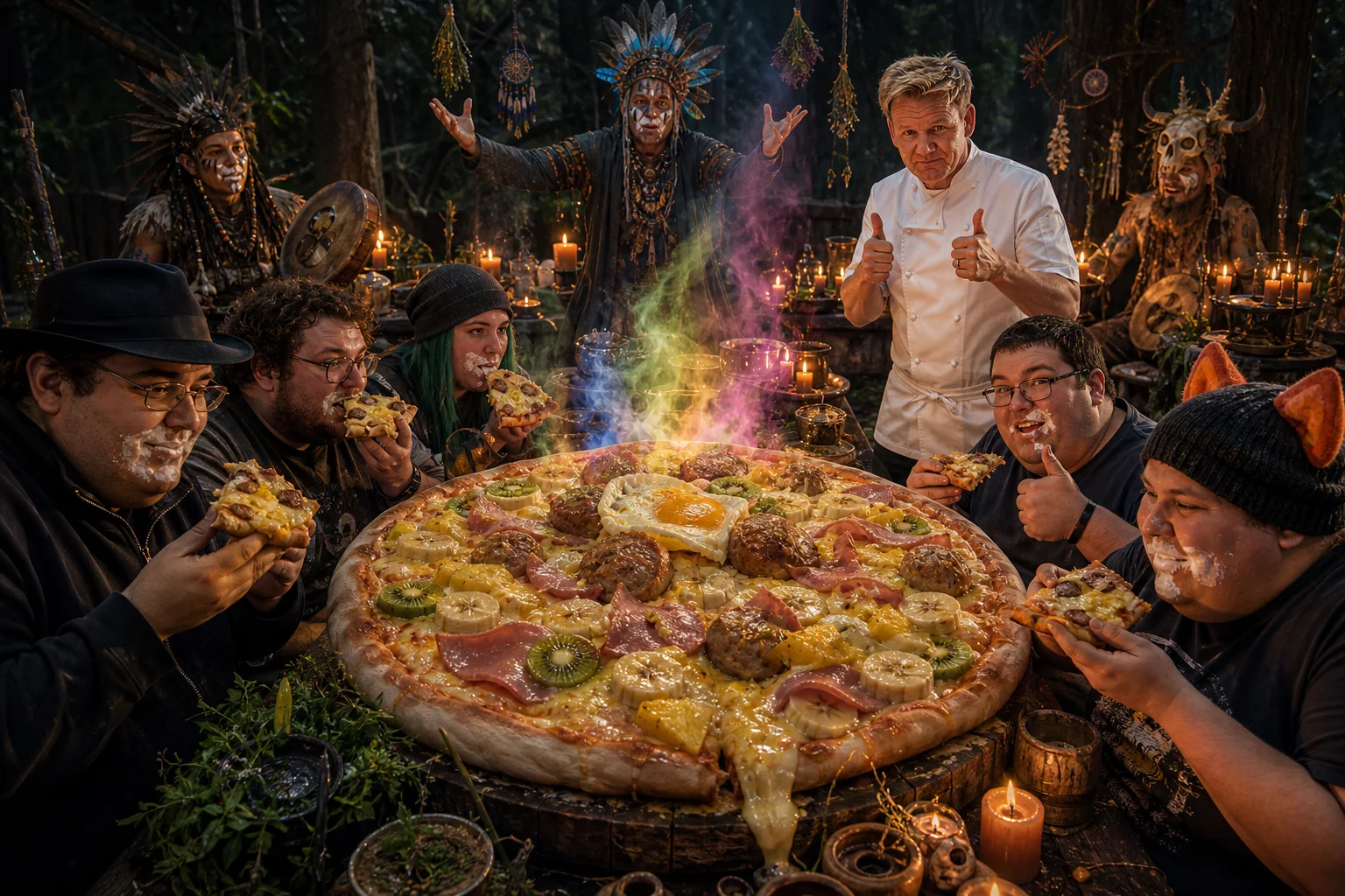 At dusk in a candlelit forest, a huge undercooked gourmet pizza piled with bizarre fruit, ham, spices, and a fried egg sits on a wooden altar as robed figures ritualize, diners eat, and a chef gives an approving thumbs-up.