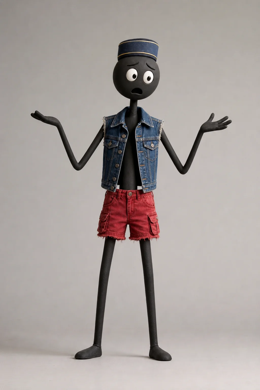 A surreal full-body humanoid stickman with an expressive face stands upright in a studio, wearing a pillbox hat, blue denim vest, and red cargo shorts against a clean neutral background.