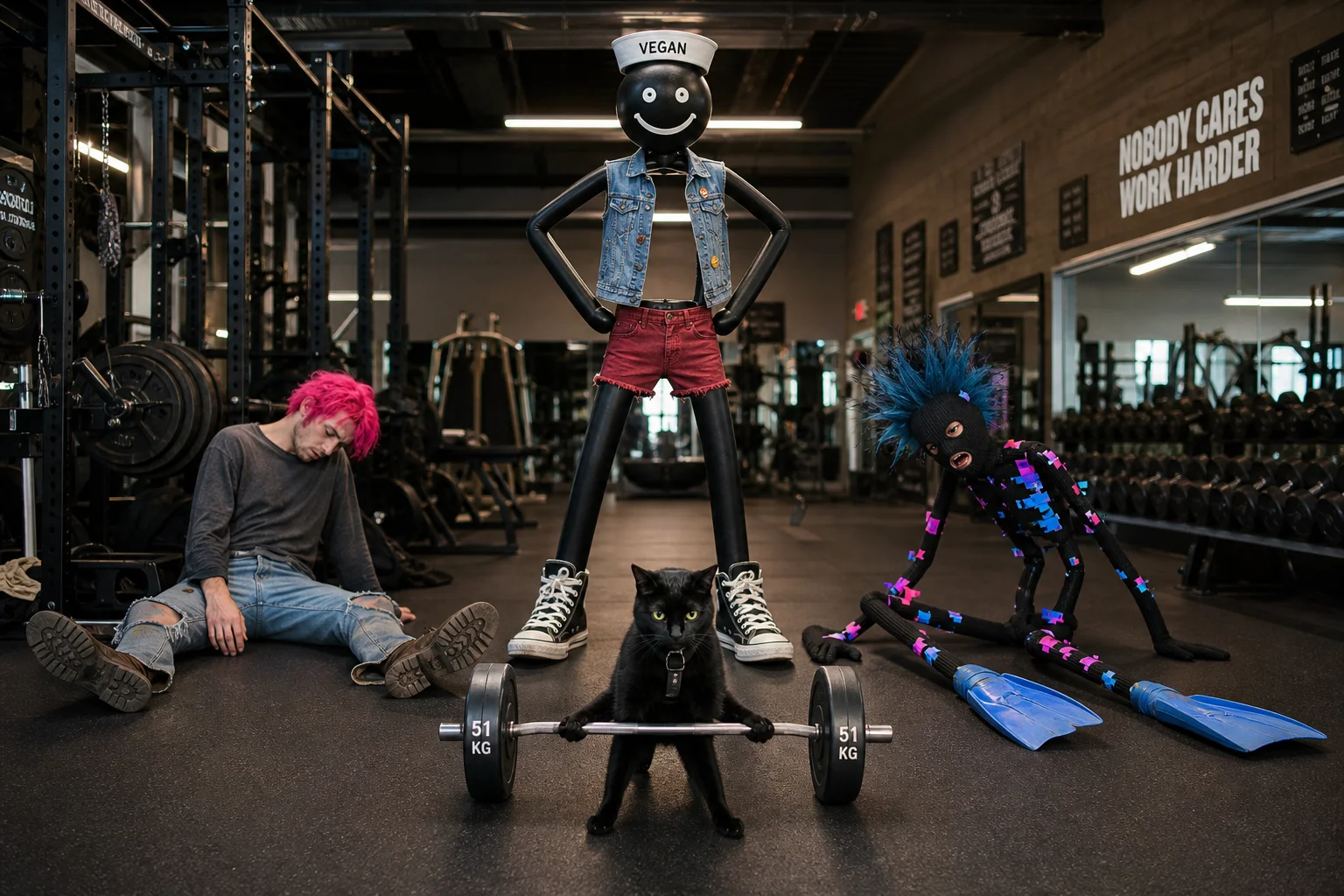 A bulky stickman in a pillbox hat towers over two defeated competitors during a humorous fitness showdown, while a black cat deadlifts nearby in a brightly lit modern gym.