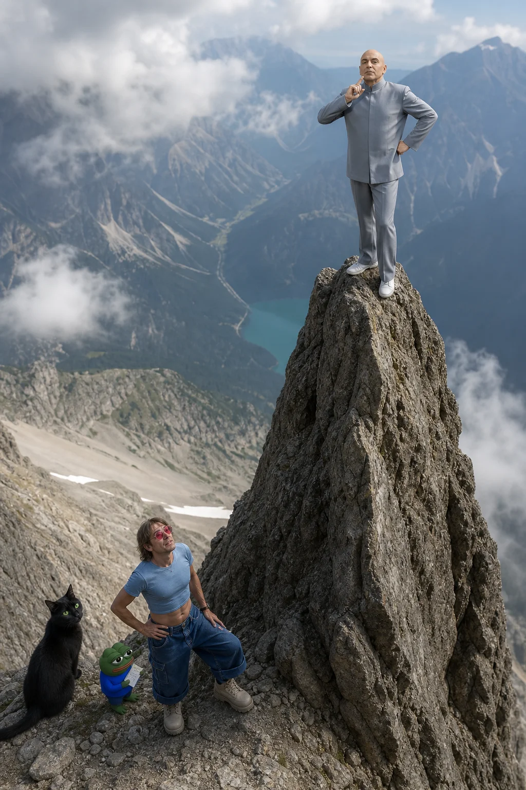 A triumphant villain stands alone atop a sharp mountain summit while a black cat, note-taking frog, and extravagantly dressed man watch from the rocky slope below.