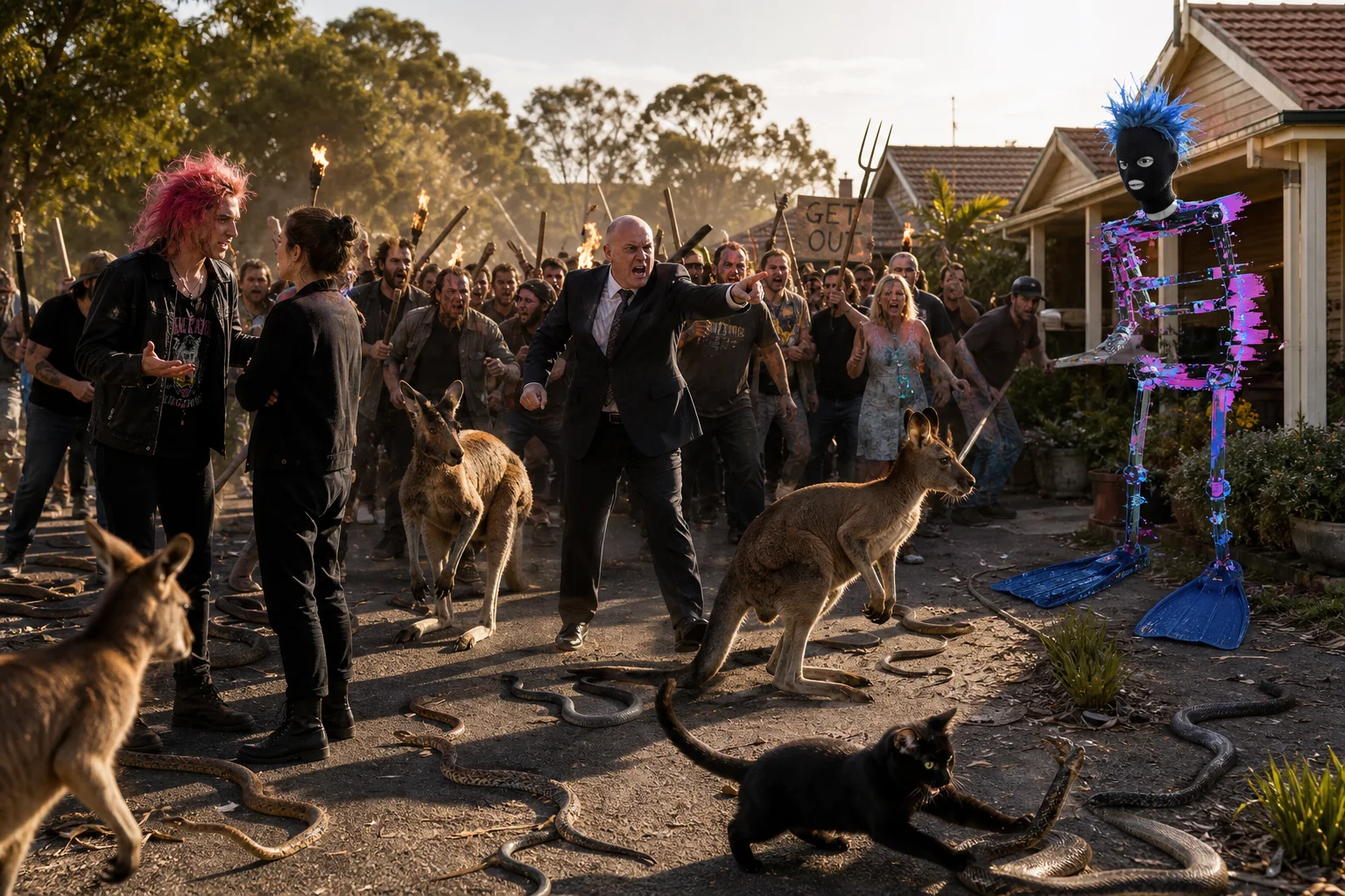 An angry mob led by a bald man advances toward a suburban Australian house, while kangaroos and snakes fill the street and a black cat confronts the snakes in the dusty late-afternoon light.