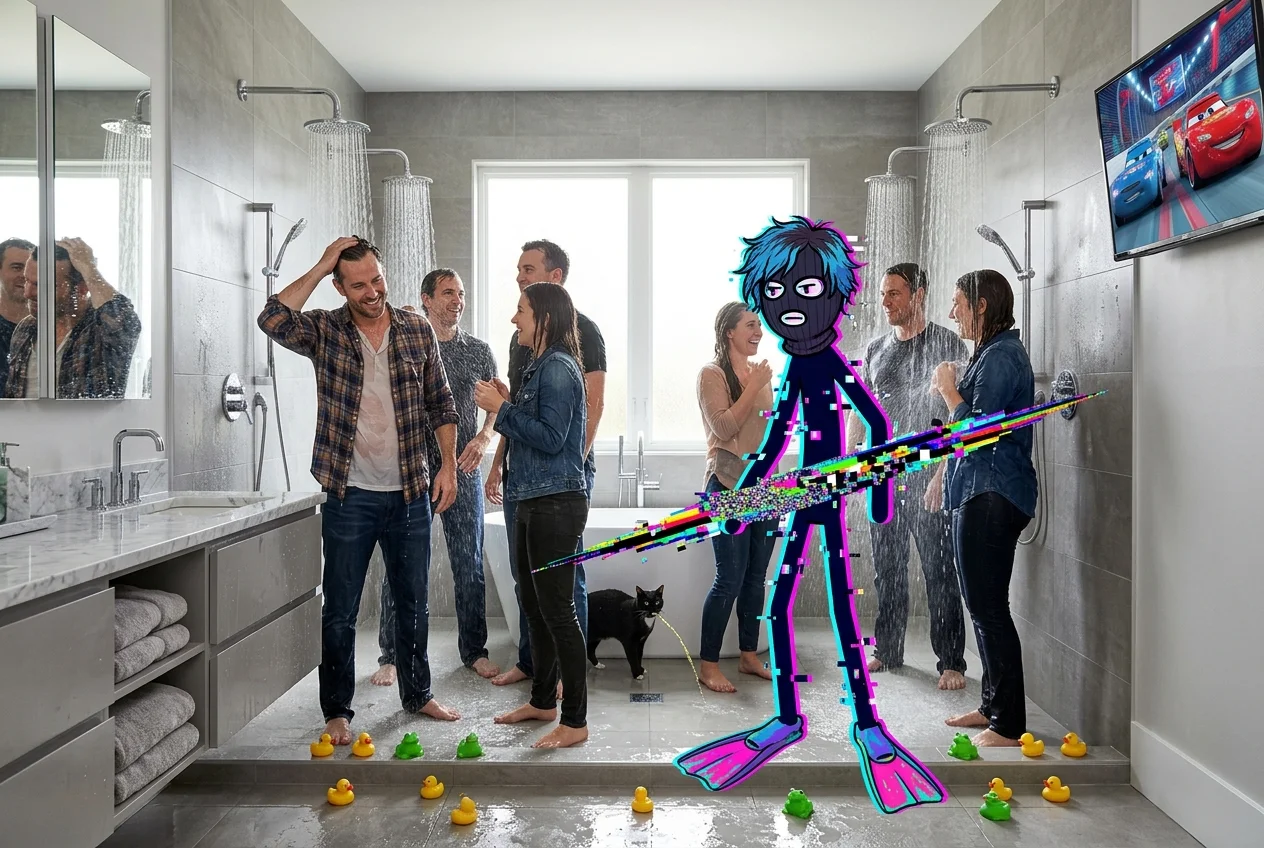 A surreal group of fully clothed adults shower together in a bright modern bathroom, surrounded by heavy water, rubber ducks, frogs, a glitchy masked figure, and a television showing colorful racing.