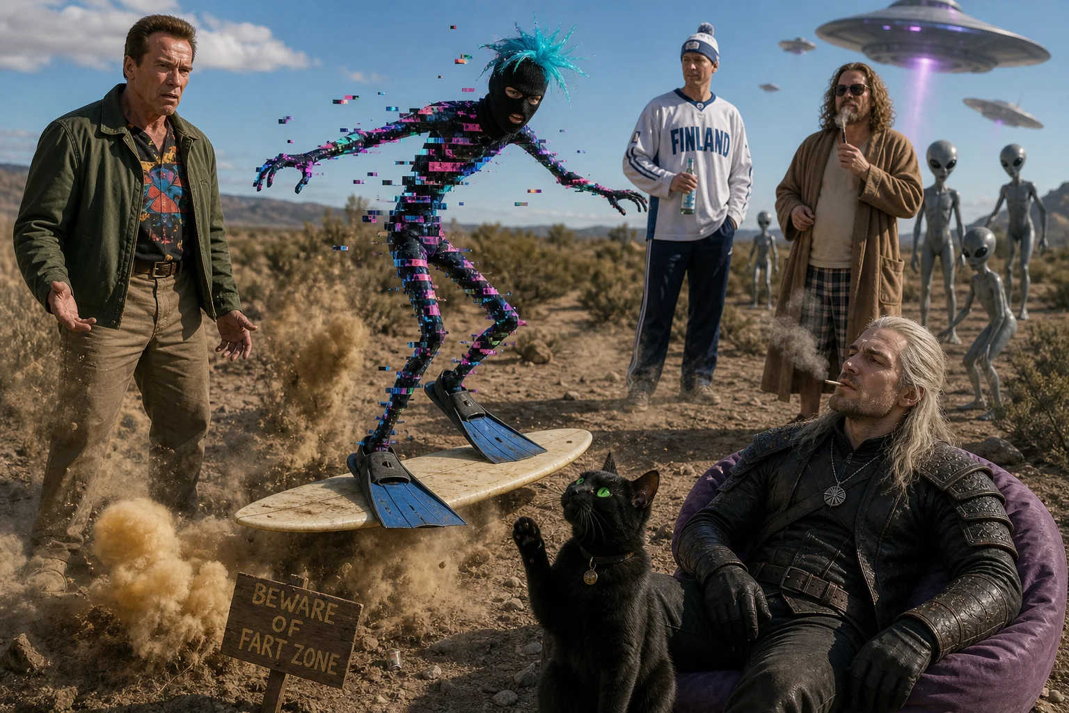 In a dusty outdoor landscape, a glitching masked stick figure with blue hair and giant flippers attempts to surf on dry ground while bewildered onlookers, a cat, aliens, and trembling earth create a surreal documentary scene.