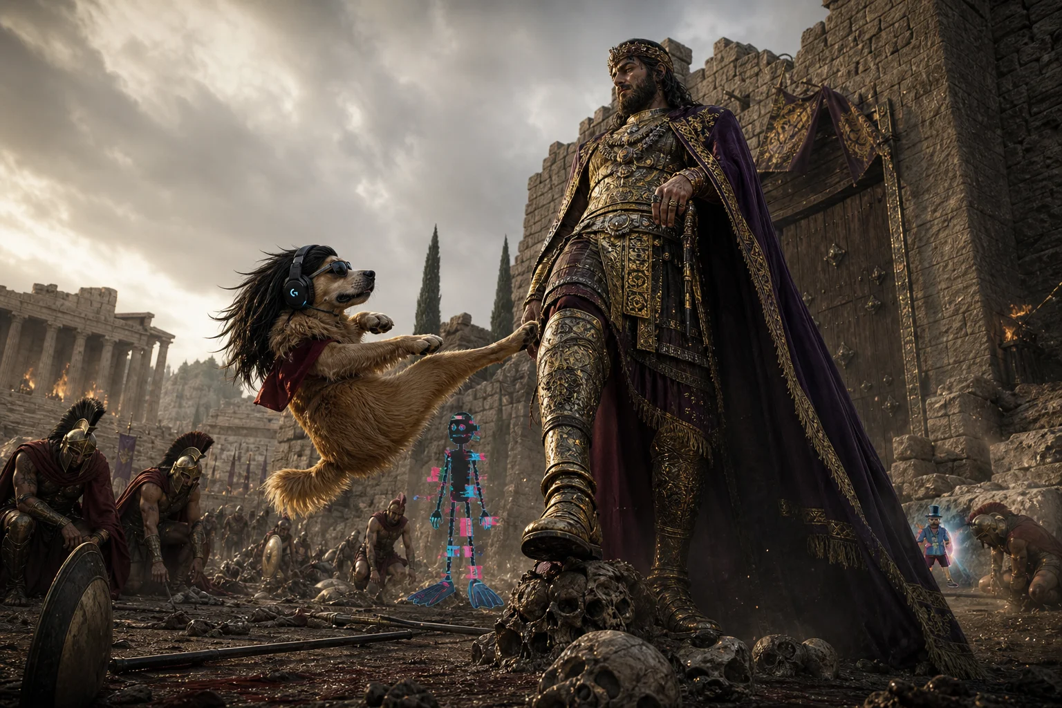 A smug Persian emperor in ornate armor stands above a ruined Spartan battlefield, dodging a golden retriever’s kick as defeated warriors kneel among shattered weapons and ancient city gates.