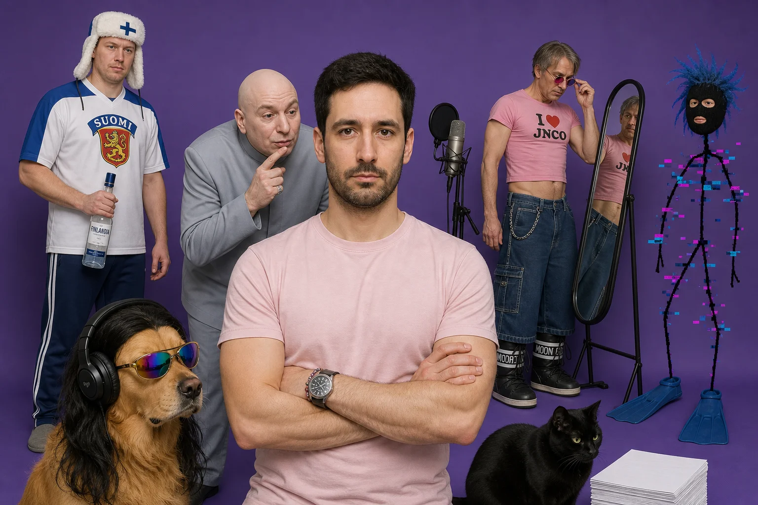 A serious man in a pink T-shirt stands with arms crossed in a brightly lit studio against a solid purple background, surrounded by eccentric figures, microphones, a mirror, and a cat.