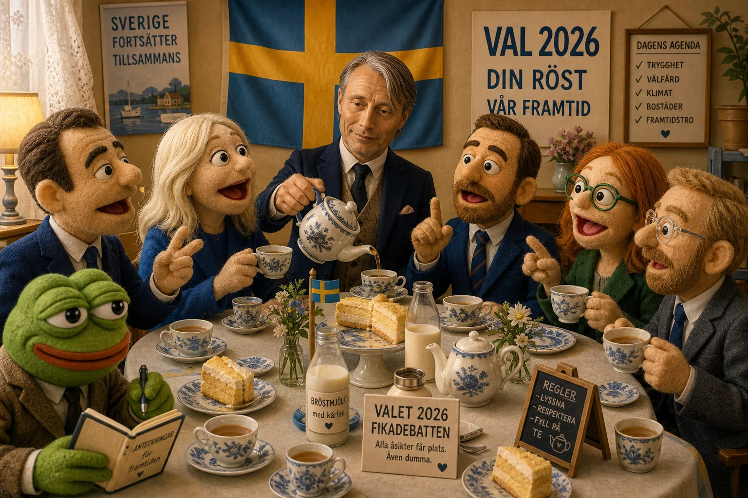 Expressive felt-puppet politicians debate over tea around a warmly lit table in a cozy Scandinavian room, with cakes, teacups, a Swedish flag, and a green cartoon frog taking notes.