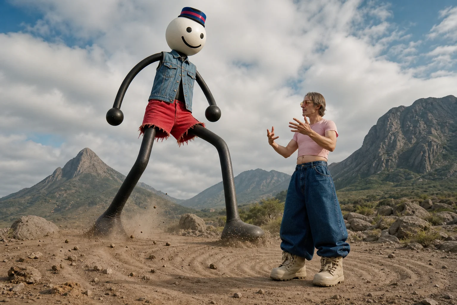 In a surreal outdoor landscape, a bulky stickman strides powerfully, subtly trembling the ground, while a man in eccentric clothing gestures animatedly beside him in daylight.