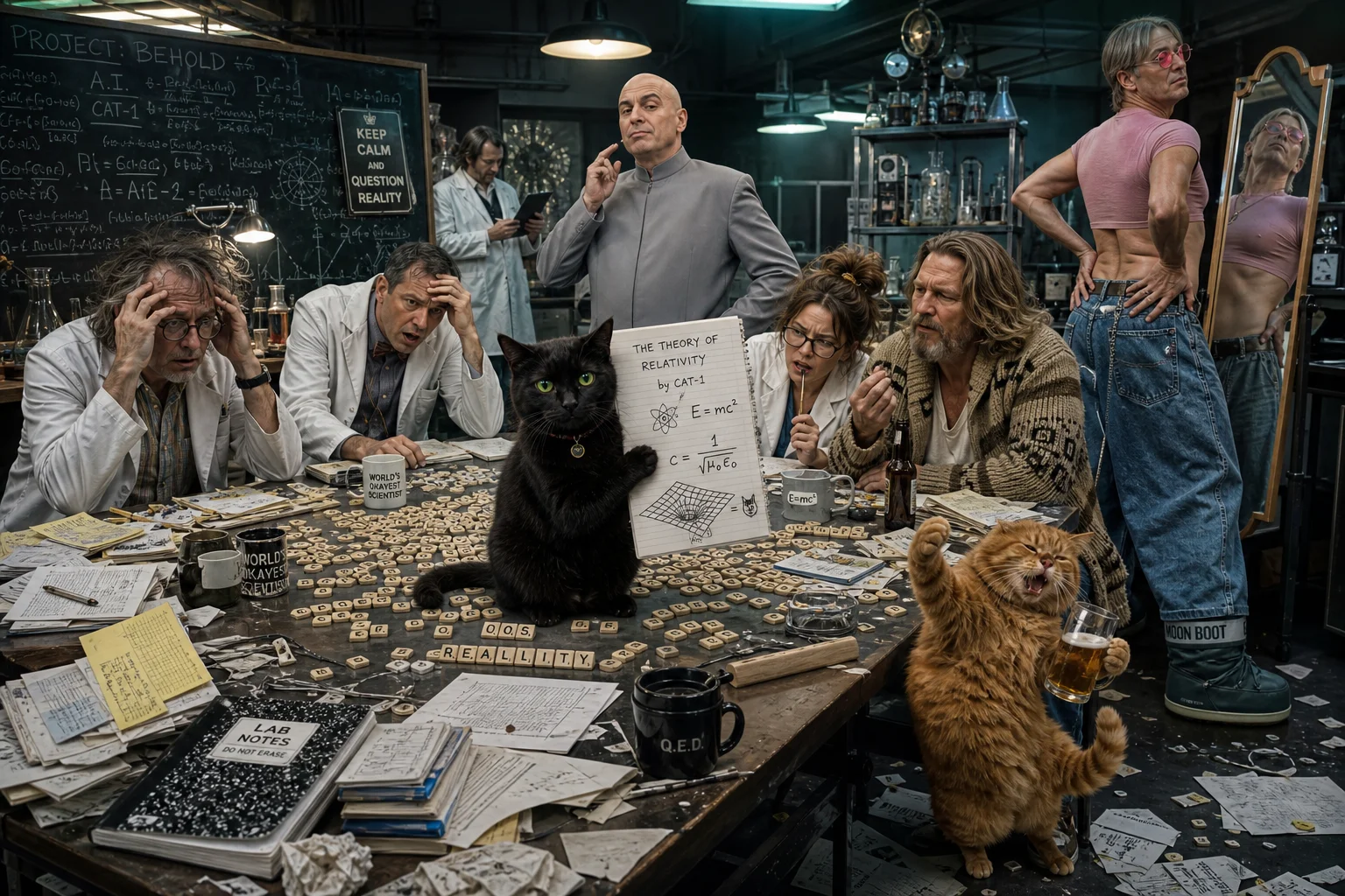 In a cluttered university laboratory, a bald man in a gray suit presides over confused scientists tackling a word puzzle while two cats and eccentric onlookers create a surreal, comedic tableau.