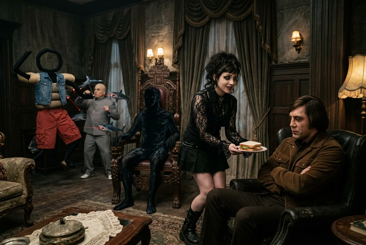 In a dim gothic living room, a goth woman offers a sandwich to her stern husband while a black void creature watches from an ornate throne amid surreal, shadowy chaos.