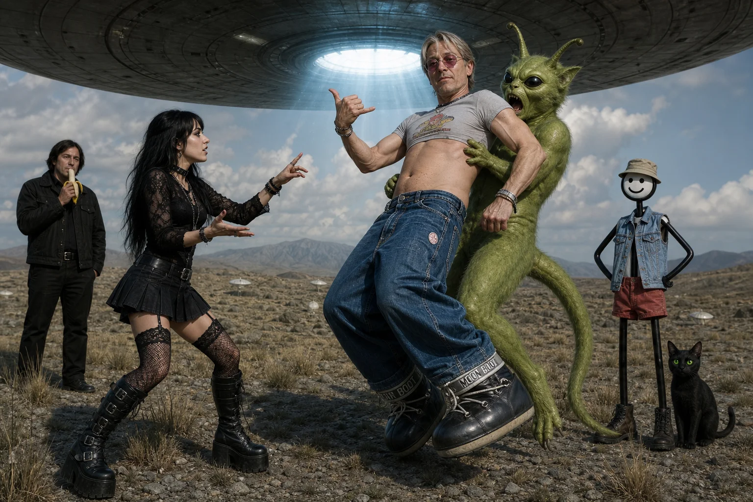 In a strange open landscape beneath a hovering UFO, a lime-green alien pulls a tall man away as a goth woman confronts him, while a stern onlooker eats a banana and a stick figure stands beside a black cat.
