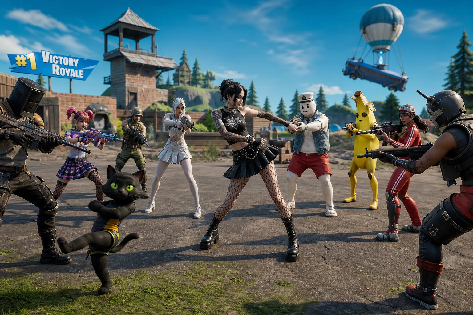 A goth woman energetically floss-dances in the center of a colorful battle royale arena while surrounding combatants aim without firing and a black cat celebrates nearby.