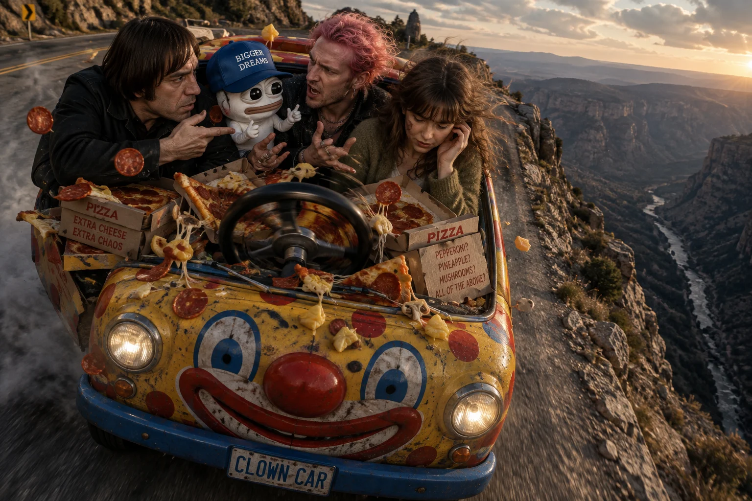 Four wildly arguing passengers cram into a brightly painted clown car stuffed with pizza toppings as its steering wheel turns by itself, skidding along a winding mountain road toward a dramatic cliff above a rocky valley.