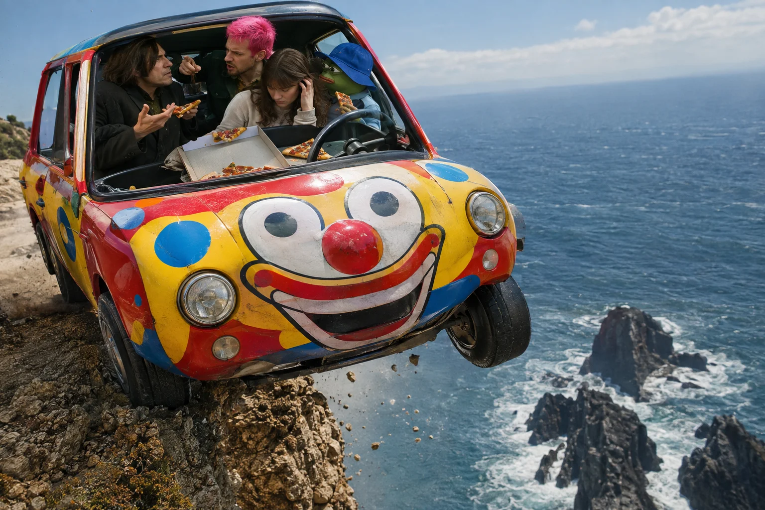 A tiny brightly painted clown car crammed with four arguing passengers rolls itself over a seaside cliff, with pizza scattered inside as its front wheels hang above the ocean and jagged rocks below.